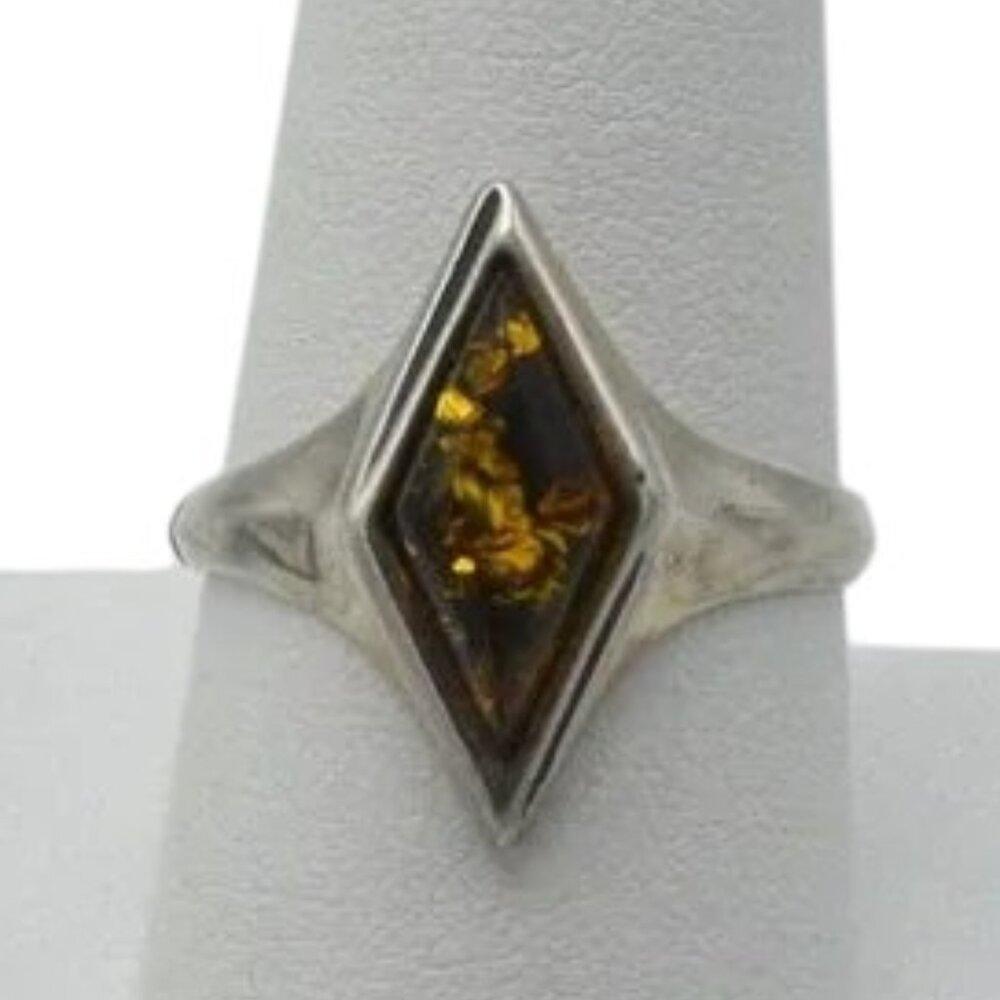 Sterling Silver & Diamond Shaped Amber Ring **See Note**